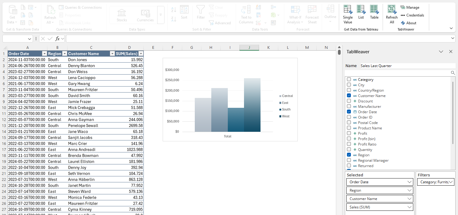 TabWeaver visual query builder running inside Microsoft Excel